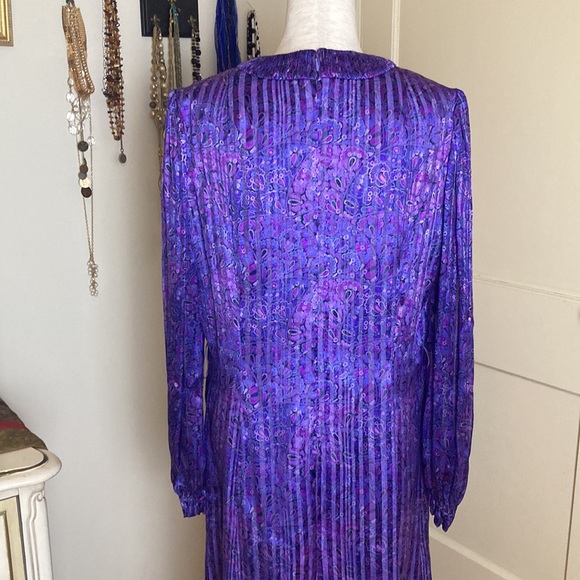 Vintage 80s Paisley Pleated Belted Midi Dress Sz 10 - Picture 9 of 12